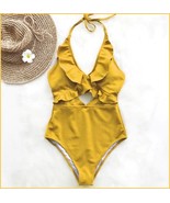 Ruffled Neck Halter Backless Padded Bra High Cut Gold Color Monokini Swi... - £29.22 GBP