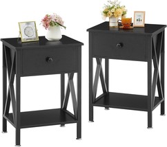 Vecelo End Tables, Modern Nightstand With Drawer &amp; Shelf, Night, Metal Black - £78.20 GBP