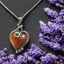 Antique Vintage Art Deco Sterling Silver Amber Heart  Pendant Necklace 18” - £83.04 GBP