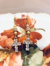 Zirconia Cross Gold Earrings Drop Dangle Christian Glam Glitzy Trendy Rare New - £9.30 GBP