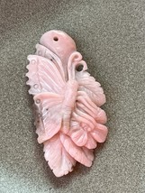 Finely Carved Light Pink Butterfly &amp; Flower Oval Stone Pendant or Other ... - £29.82 GBP