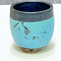 Raku Pottery Vase Cup Signed Dana Turquoise Blue and Black 4&quot; - £21.96 GBP