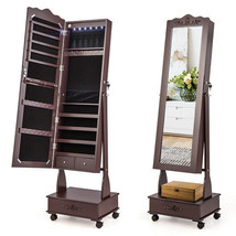 Rolling Floor Standing Mirrored Jewelry Armoire with Lock and Drawers-Brown - C - £156.48 GBP
