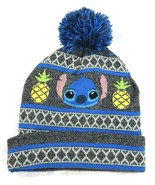Disney Stitch Beanie Hat Blue Gray Fair Isle Knit Pom Pineapple Winter Cap - $279.06 MXN