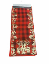 Nicole Miller Christmas Table Runner Red Gold Reindeer Plaid Country Far... - $34.94