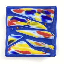 Fused Art Glass Trinket Tray Ring Dish Catch All Red Yellow Blue 6x6 - £15.80 GBP
