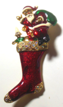 Vintage Enamel &amp; AB Rhinestones Christmas Stocking W/Santa/Gifts Brooch -2.3/4&quot; - $15.83