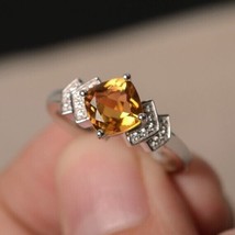 2.1Ct Cushion Simulated Yellow Citrine Proposal Wedding Ring 14k White Gold Over - £131.44 GBP