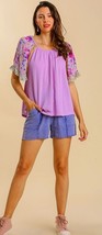 New Umgee S M L Lavender Mixed Floral Print Short Ruffle Sleeve Woven Kn... - £21.35 GBP