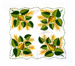 Large MidC Ivy Linen Handkerchief Bright Yellow Greens Leafy Blossoms Scalloped  - £13.50 GBP