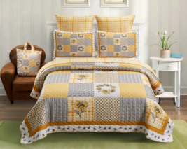 Farmhouse Sunflower Country Patchwork Floral Printed King Quilt Set W/ Tote Bag - £67.23 GBP
