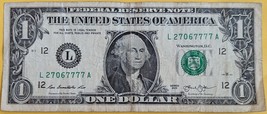US$1 2013 Federal Reserve Bank Note 5 of a Kind Lucky 7's #27067777 - $5.95