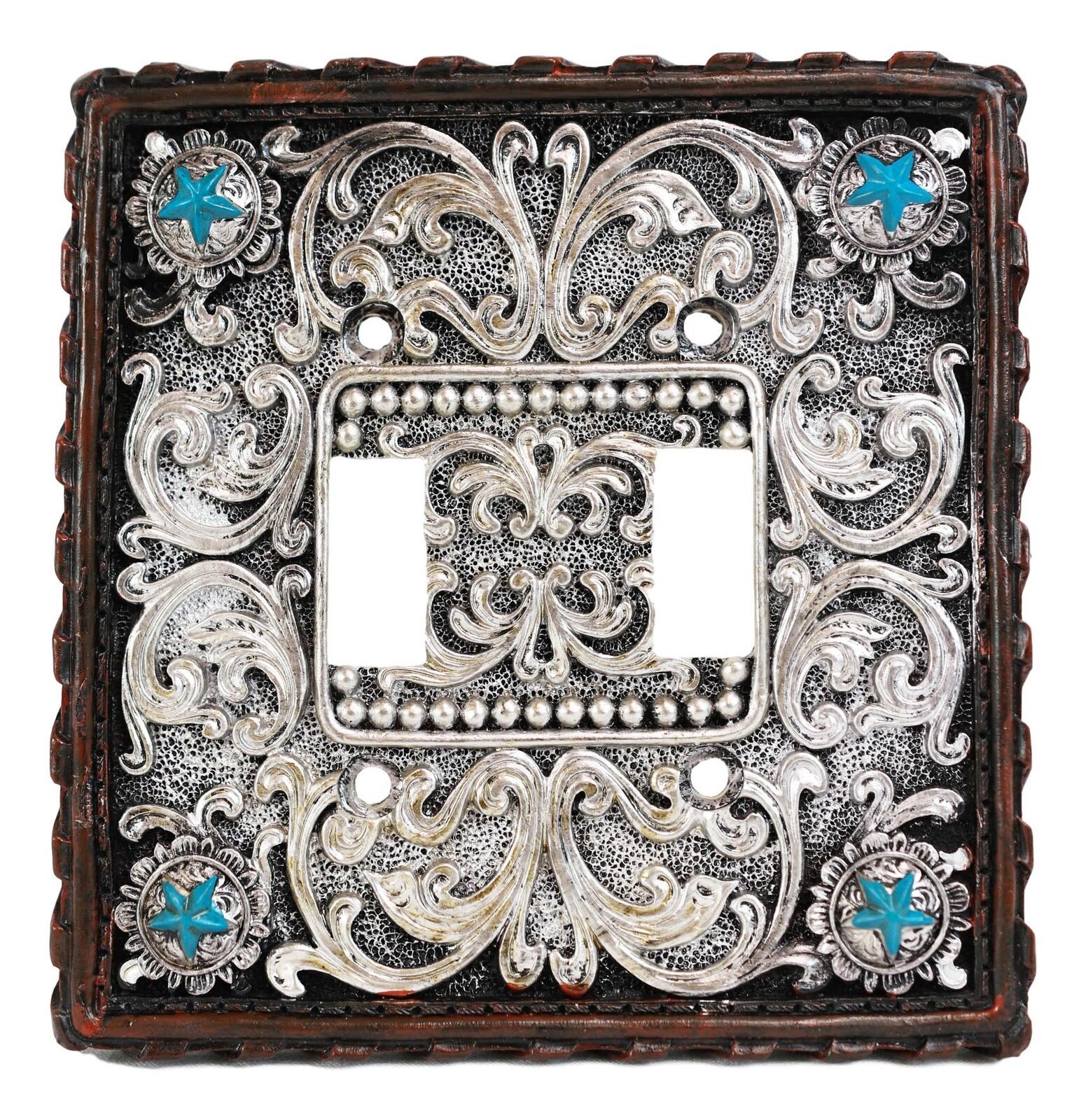 Set of 2 Western Turquoise Stars Lace Scroll Wall Double Toggle Switch Plates