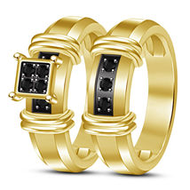 1 Ct Round Black Diamond Wedding Bridal Engagement Ring Set 14K Yellow Gold Over - £87.44 GBP
