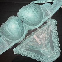 Victoria&#39;s Secret 38D,38DDD Bra Set Xl Panty Mint Green Lace Foiled Dream Angels - £70.05 GBP
