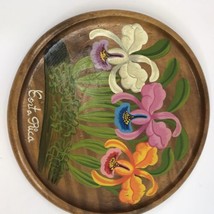 Vintage Costa Rica Wood Wall Art Plate Plaque Hand Painted Flowers Orchids - $19.79