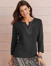 NWT Women Size XL Adrian Delafield Black V-Neck Knit Top Lace Collar Emb... - $9.99