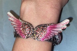 Cuff Bracelet Silver W/ Pink Angel Wings &amp; Stones 7” To 8.5” - $7.60