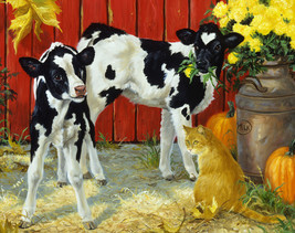 Framed canvas art print giclee farm animals cows calf cat pumpkin yellow flowers - $39.59+