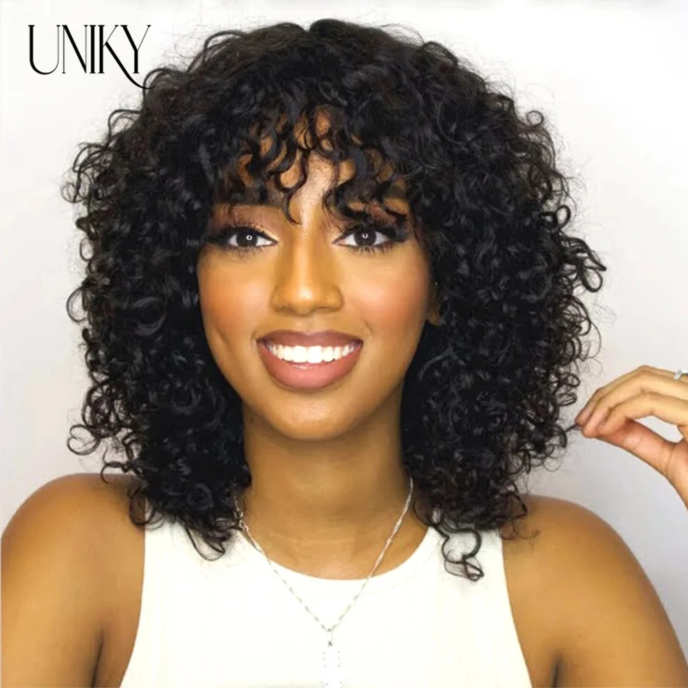 Afro Kinky Curly Scalp Top Wig with Bangs 180% Density Mongolian Remy Human Ha - £23.26 GBP