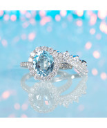 3.5Ct Oval Blue Topaz Halo Ring Set - Light Blue Gemstone Sterling Silve... - £103.11 GBP