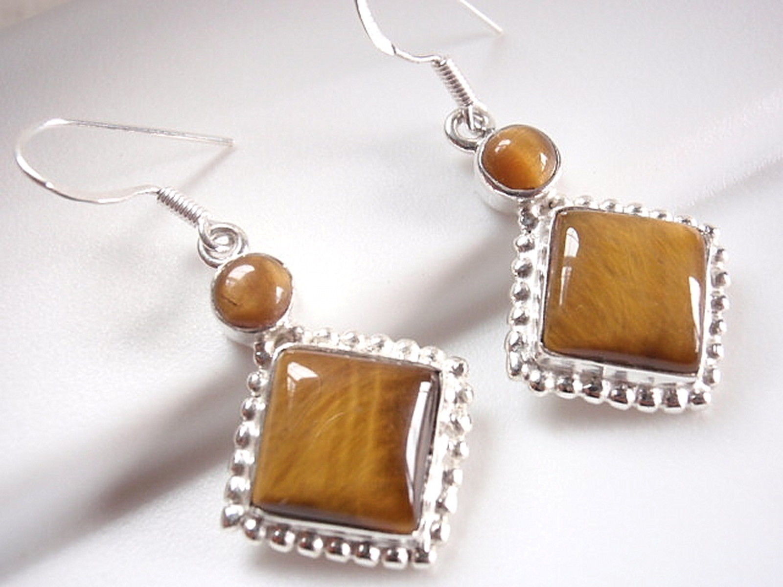 Tiger Eye 925 Sterling Silver Earrings Dangle Drop Dot Accents  Square Round New - $17.06