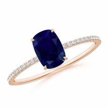 ANGARA Thin Shank Cushion Sapphire Ring with Diamond Accents in 14K Gold - £1,106.53 GBP