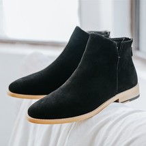 Vintage Basic Sand Color Men Suede Chelsea Boots Natural Leather Zip Pointed Toe - £83.25 GBP