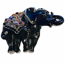 Cloisonné Elephant Brooch Black Enamel Glass Jeweled Silver Tone Trunk Up Safari - £4.72 GBP