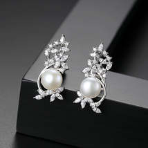 Pearl &amp; Cubic Zirconia Flower Cluster Stud Earrings - £13.79 GBP
