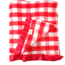 Vintage Stevens Utica Plaid Acrylic Blanket red white Nylon edge gingham picnic - £35.68 GBP