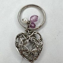 Silver Tone Beaded Floral Heart Keychain Keyring - £5.44 GBP