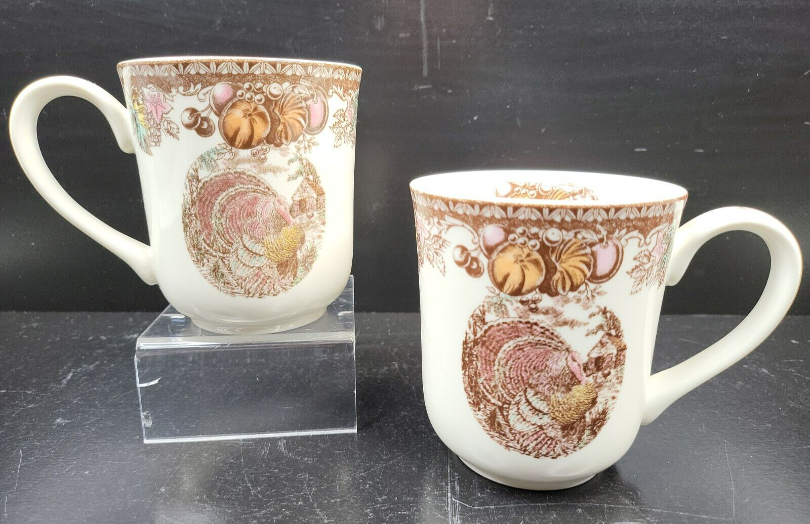 2 Johnson Brothers Autumn Monarch Mugs Set Thanksgiving Turkey Brown Cup... - $29.37