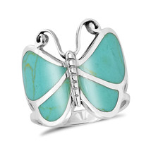Captivating Butterfly Motif Green Turquoise Statement Sterling Silver Ring-7 - £19.03 GBP