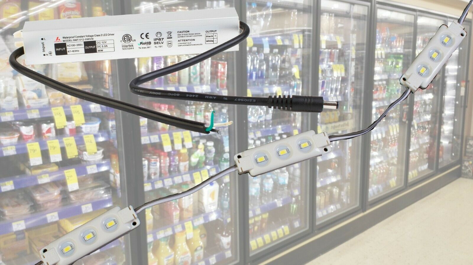 10ft commercial fridge LED light + ETL Listed 12v waterproof power supply