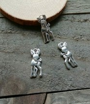 3 Baby Deer Charms Pendants Antiqued Silver Christmas Charms Findings 17mm Fawn - £2.82 GBP