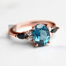 18K Yellow Gold Engagement Ring, London Blue Topaz &amp; Onyx 925 Sterling Silver, - £79.32 GBP