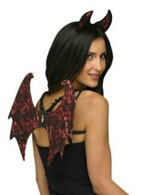 Womens Devil Halloween 2 Pc Shiny Red Headband Horns &amp; Wings Kit Accessory - £7.78 GBP