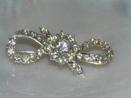 Old Vintage Clear Rhinestone Encrusted Ribbon Bow with Center Flower Pot Metal - £6.01 GBP