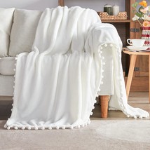 Beautex Fleece Throw Blanket With Pompom Fringe, White Flannel Blankets And - £30.21 GBP