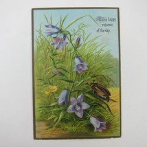 Victorian Greeting Card Happy Returns of the Day Purple Flowers Beetle A... - $5.99