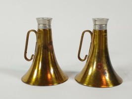 Vintage Salt &amp; Pepper Shaker Set Brass Horn Megaphone Instrument Glass Interior - £7.20 GBP