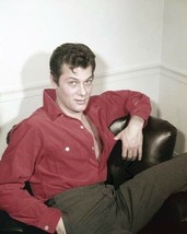 Tony Curtis 1950&#39;s pin-up beefcake portrait in open red shirt 8x10 inch photo - £7.66 GBP