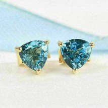 2CT Trillion Cut Lab Created Blue Topaz Women&#39;s Earrings 14k Yellow Gold Plated - £78.59 GBP