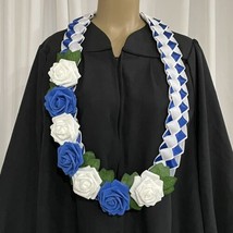 Graduation Lei Flower Royal Blue White Roses Flowers Leaves Four Braided Ribbons - £40.18 GBP
