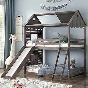 House Bunk Bed Twin Over Twin, Wood Bunk Bed With Slide, Ladder,Roof, Wi... - $722.99
