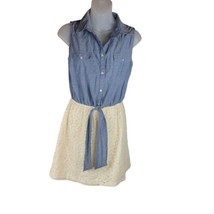 Pink Rose Sleeveless Lace Chambray Pearl Snap Shirt Dress Juniors M Blue... - £9.65 GBP