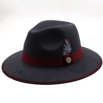 New Men’s Grey &amp; Burgundy Fedora Wool Feather Dress Hat (Size 56-58CM) - £24.53 GBP