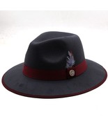 New Men’s Grey &amp; Burgundy Fedora Wool Feather Dress Hat (Size 56-58CM) - £24.17 GBP