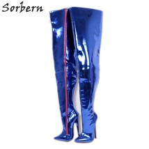 Custom Metallic Blue Boots Unisex Crotch Thigh High 18Cm / 12cm Spike High Heels - $335.90